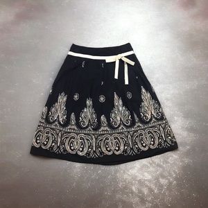 Silver Sequins Embroidered over Black Ivory Print Midi Skirt Vintage Sz 6